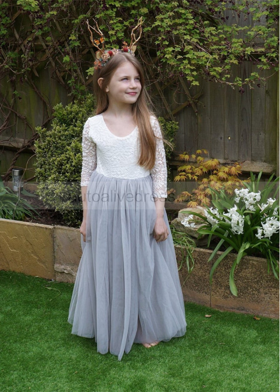 Ivory Lace Gray Tulle Cheap Flower Girl Dress